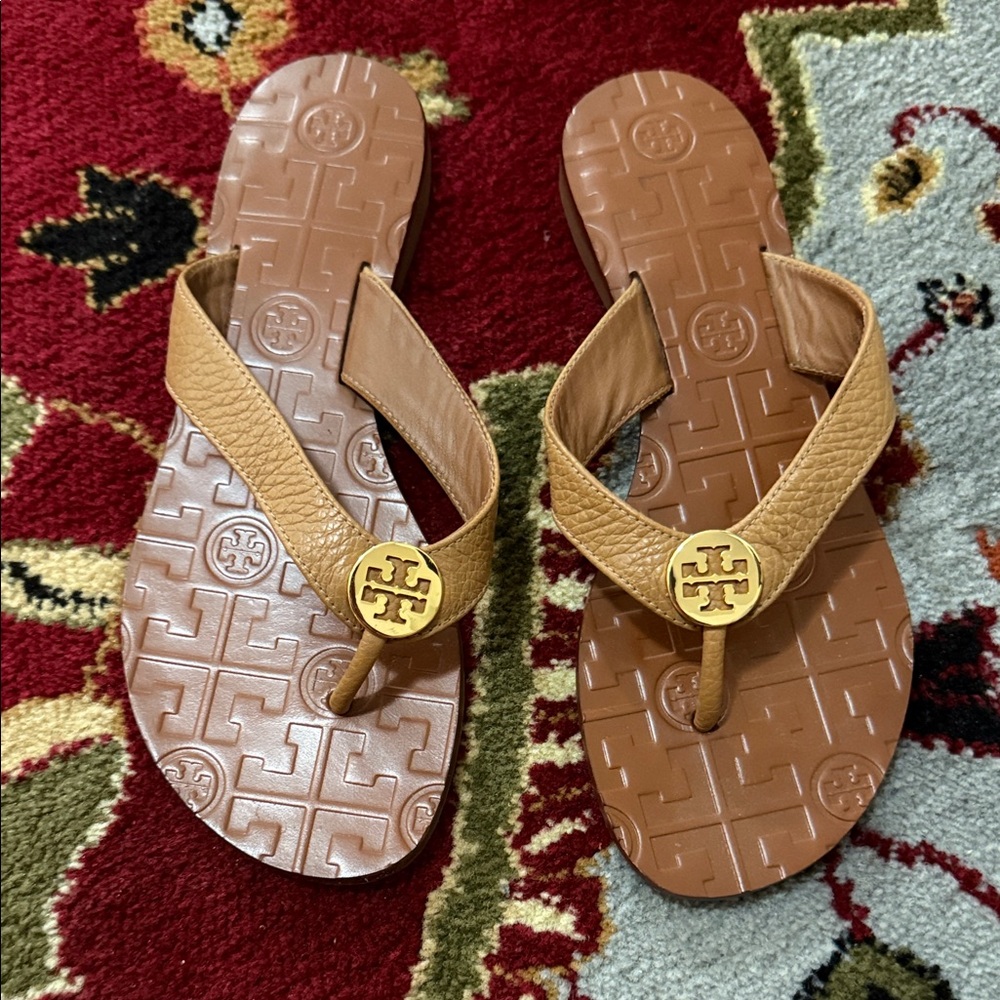 Tory Burch Brown Sandals with Gold Emblem